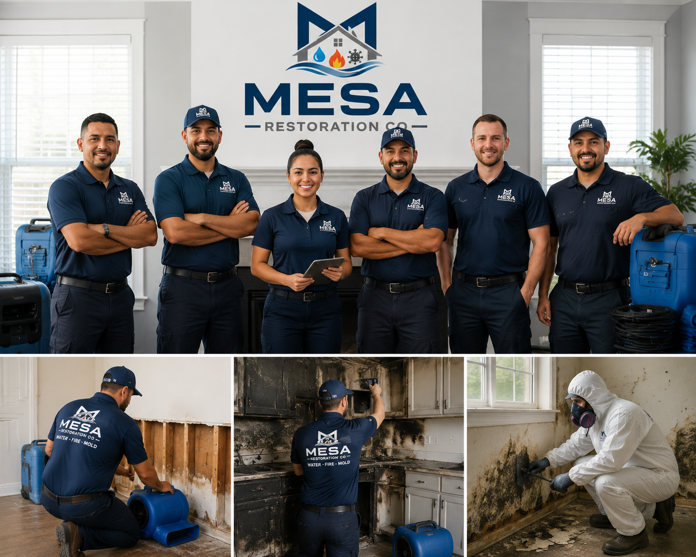 The Mesa Restoration Co team on site handling water, fire, and mold damage restoration