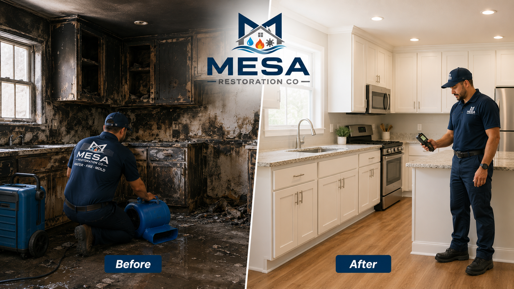 Fire Damage Restoration before and after, Mesa Restoration Co