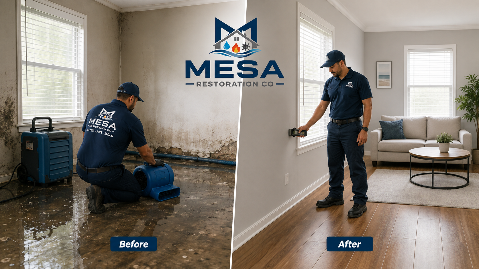 Water Damage Restoration before and after, Mesa Restoration Co